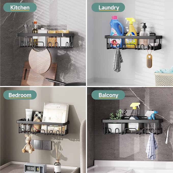 Veken Shower Caddy 6-Pack, Bathroom Organizers and Storage Shelves, Black | Advanced Rustproof Design, Large Capacity, No Drilling, Adhesive Rack with Soap Holder, Wall-Mounted Kitchen & Home Decor