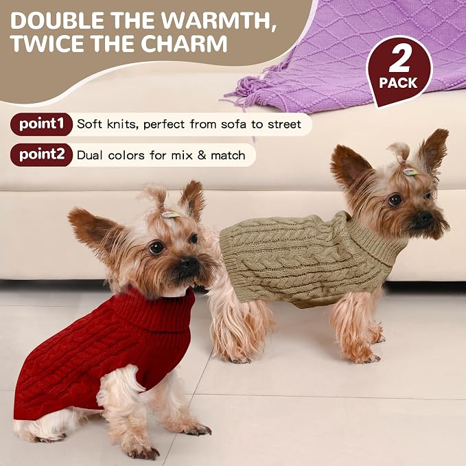 Dog Sweater 2 Pack for Small Dogs, Size S, Red & Brown | Stretchy cable knit turtleneck, machine washable, high belly cut, comfy winter fit for Chihuahua, Maltese