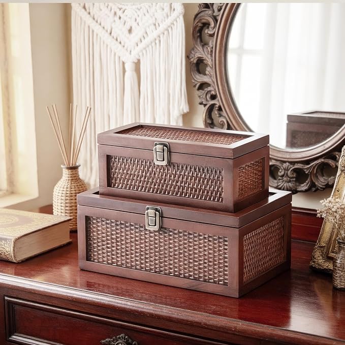 Decorative Box, Vintage Memory Box for keepsakes, Rattan Decorative Storage Boxes with Lids Set of 2, Wedding Keepsake Box for Crafts, trinket and Photo, Home Decor