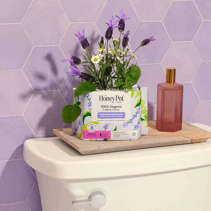 Honey Pot - Calming Herbal Regular Sanitary Pads for Women - 100% Organic Cotton Top Sheet - Feminine Care - Non Cooling - Calming Herbs of Lavender, Ashwagandha, & Lemon Balm - 80ct