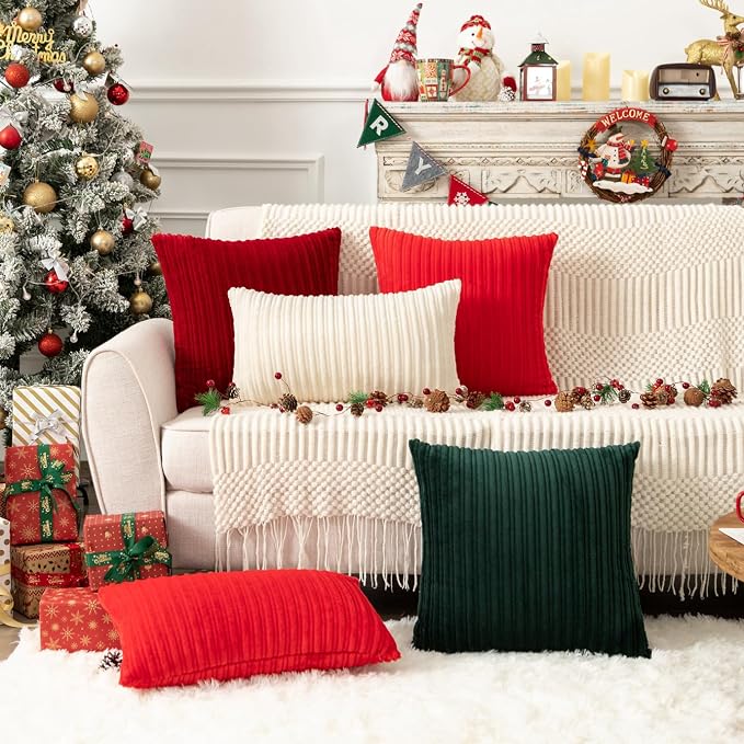 UGASA 12x24 Inch Christmas Pillow Cover Pack of 1 Soft Boho Stripe Corduroy Long Rectangle Lumbar Cushion Case Farmhouse Decorative Pilowcase for Bed, Couch, Sofa, Bedroom, Living Room, Burgundy