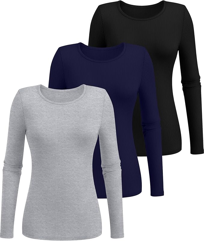 Ficerd 3 Pack Women's Ribbed Long Sleeve Tops, Crew Neck Slim Fit Undershirts Knit Basic Casual Stretch Layering Tee Shirts