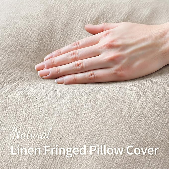 MIULEE Linen Fringe Decorative Throw Pillow Covers Natural Beige 18x18 | Set of 2, Cottagecore Decor, Boho Farmhouse Neutral Pillow Covers, Rustic Couch Cushion Cases for Sofa Bed Living Room