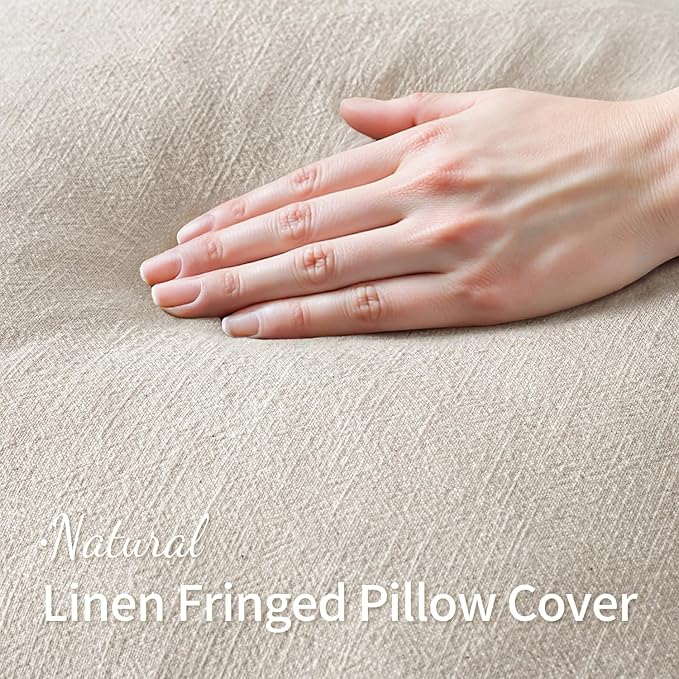 MIULEE Linen Decorative Euro Throw Pillow Covers Natural Beige 28x28 | Set of 2, Cottagecore Decor, Boho Farmhouse Neutral Pillow Covers, Rustic Fringe Couch Cushions for Sofa Bed Living Room