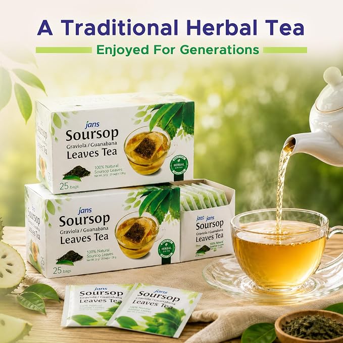 Jans Soursop Tea Bags 50 Count (2 Pack of 25) | 100% Natural Soursop Leaves | Caffeine Free Sour Sop Tea | Vegan Herbal Tea | Individually Wrapped Tea Bags | Cholesterol Free Sugar Free Relaxation Beverage