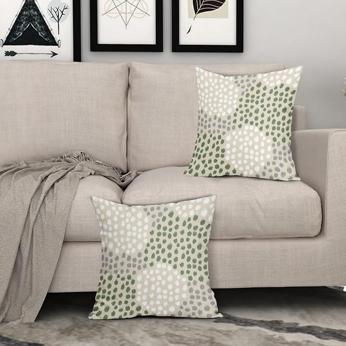 Sage Green White Pillow Covers 18x18 Set of 2 Boho Gray Polka Dot Throw Pillows Modern Trendy Print Decorative Outdoor Farmhouse Pillowcase Cushion Cover Linen Pillow Case Decor for Sofa Couch Bed