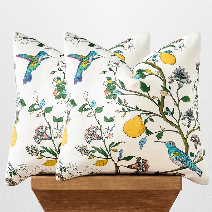 MUSSEL Ivory White Velvet Floral Decorative 20x20 Pillow Covers Set of 2 | Durable Sturdy,Botanical Printed Pattern,Throw Pillows Case,Square,Colorful Mid Century Cushion Covers,Sofa Couch Decor