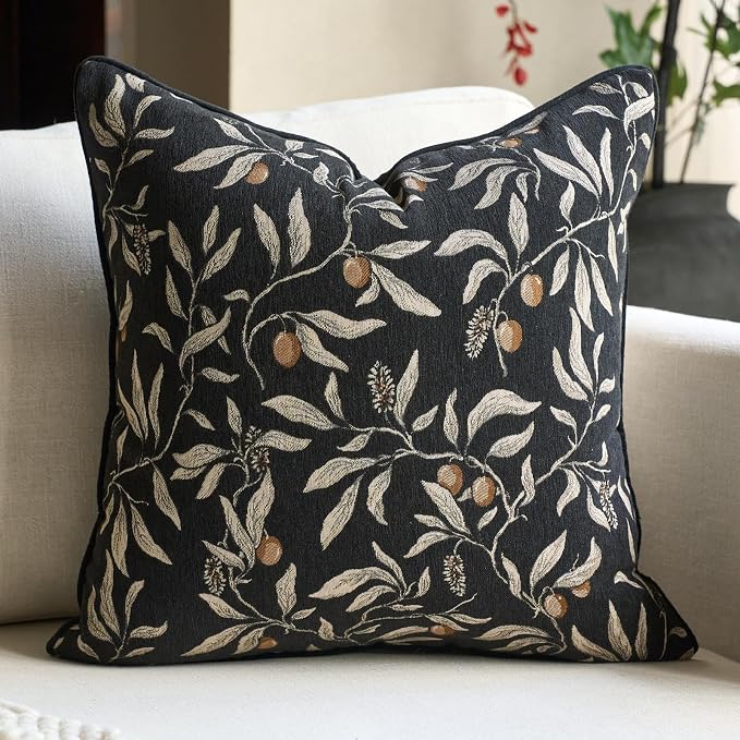 Alerfa Black Floral Throw Pillow Cover 20 x 20 Inch Sqaure Luxury Decorative Pillow Cover for Couch Living Room Bedroom