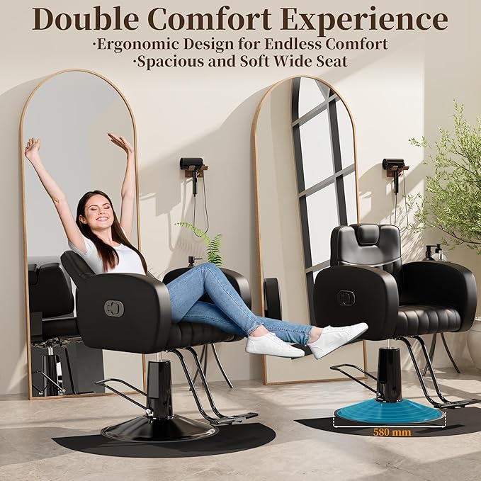 Baasha Ergonomic All Black Salon Chair with Comfortable Thickened Cushions, Heavy Duty Reclining Stylist Chair for Hair braiding, Extensions, Tattooing, Weight Capacity 440 lbs