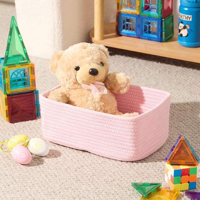 MiniArk Small Storage Baskets for Organizing | Closet Organizer Bins | Shelf Toy Basket | Woven Rope Baskets | Cube Decorative Box | Shallow Basket | 11.5x7.5x4.7” | 3 Packs Pink