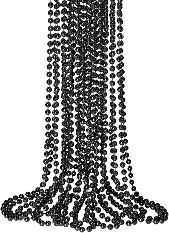 SHAOQINLIN 12 PCS Black Bead Necklace, Black Mardi Gras Beads, New Year Eve Necklaces, 33 Inch Round Halloween Necklace Party Beads for Mardi Gras, Christmas, Halloween, New Year Party Favors