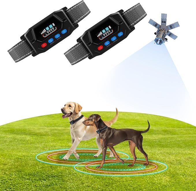 GPS Perimeter Fence for Two Dogs – Wireless Dog Fence with 3 Alert Modes & Adjustable 33-9999Yd Boundary, Rainproof Rechargeable Collars, Heavy-Duty for Outdoor Use