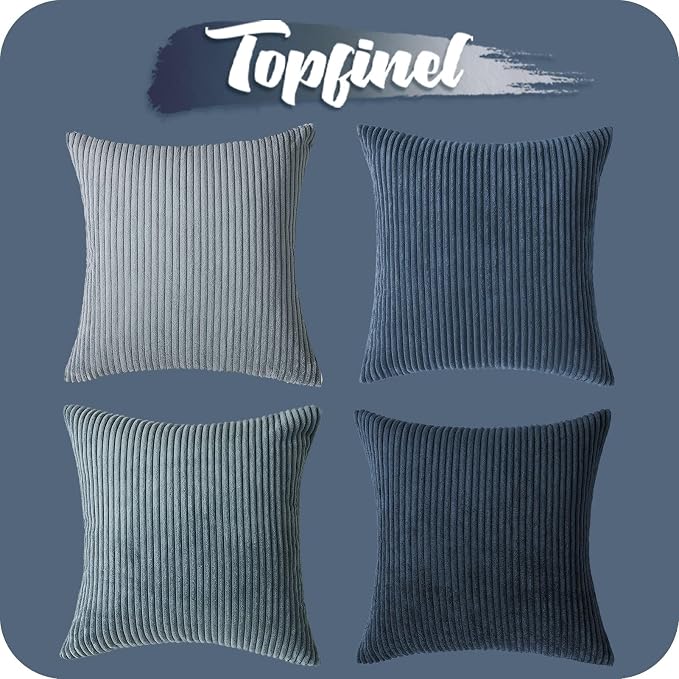 Topfinel Decorative Throw Pillow Covers Dusty Blue Navy Series 18x18 Inch Set of 4,Summer Corduroy Striped Toss Pillows for Couch,Patio,Balcony,Children Bedroom,Modern Fluffy Blue Gradient Shams