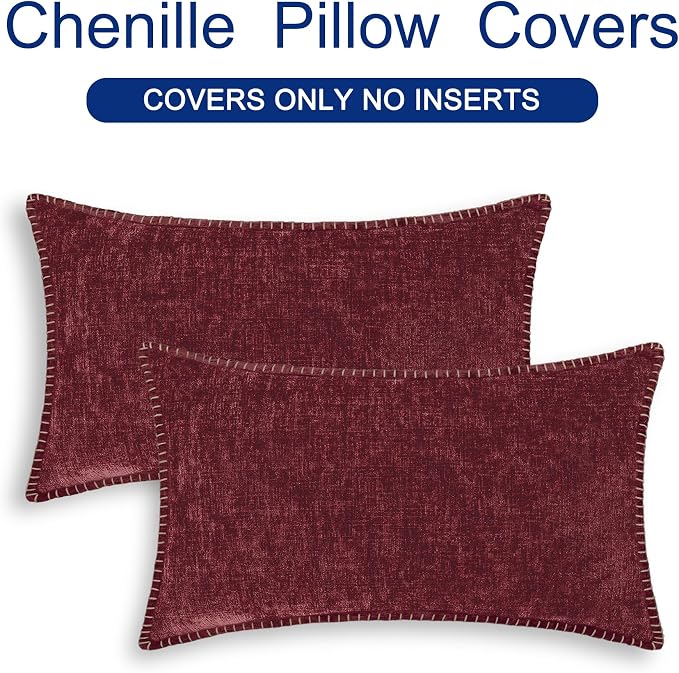 CaliTime Decorative Couch Throw Pillow Covers 20 X 12 Inches Burgundy | Pack of 2, Cozy Chenille Cushion Cases, Cotton Thread Stitching Edges, for Sofa Bed Living Room Farmhouse