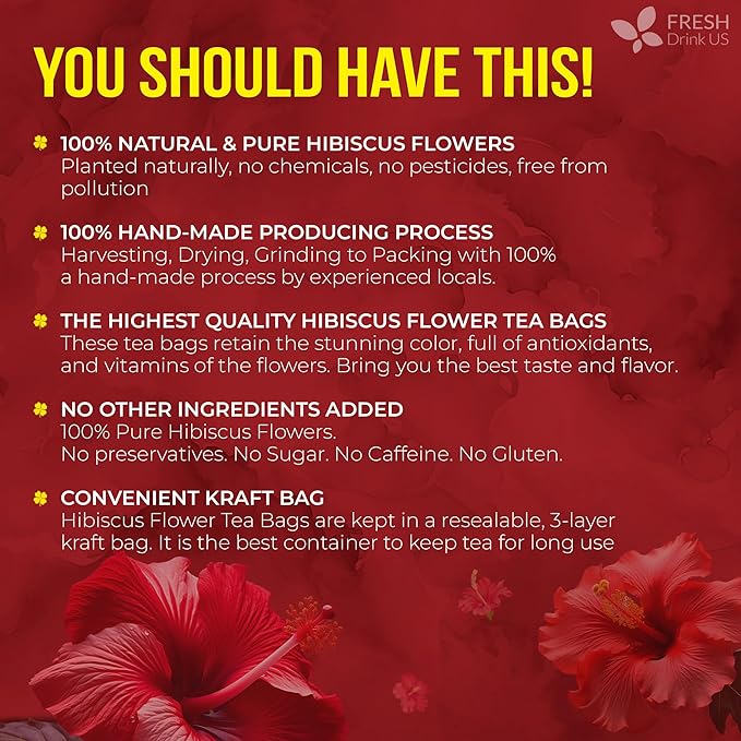 FreshDrinkUS, Premium 30 Hibiscus Flowers Tea Bags, 100% Natural & Pure from Hibiscus Flowers. Loose Flower Herbal Tea. No Sugar, No Caffeine, No Gluten, Vegan.