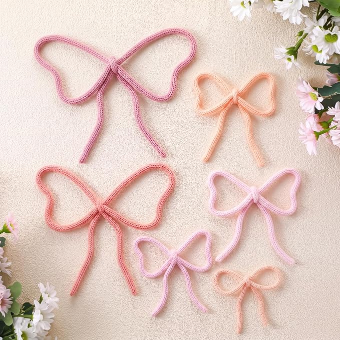 Barydat 6 Pcs Pink Bow Wall Decor Coquette Bow Nursery Decoration Room Decor Woven Macrame Wall Hanging 2 Size Boho Pink Preppy Decoration for Nursery Dorm Girls Room Art