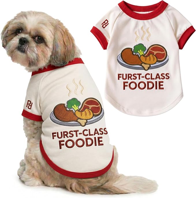 Parisian Pet Dog Furst Class Foodie Shirt - Embroidered Pet Vest - 100% Cotton & Polyester Doggy Shirt - Lightweight Pet Clothes - Sleeved Puppy Costume - Funny Shirts for Medium Dogs - M