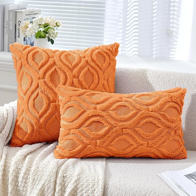 MIULEE Fall Bright Orange Soft Plush Faux Wool Throw Pillow Covers 18x18 | Set of 2, Farmhouse Boho Home Decor, Decorative Cushion Covers for Sofa, Living Room, Bed