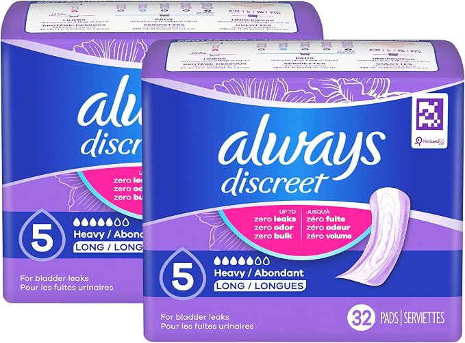 Always Discreet Adult Incontinence Pads for Women, Drier, 5 Drop Long Length, Heavy Absorbency, Pads for Bladder Control Management, Bladder Leaks, & Postpartum-Pads, 64ct (Pack of 2)