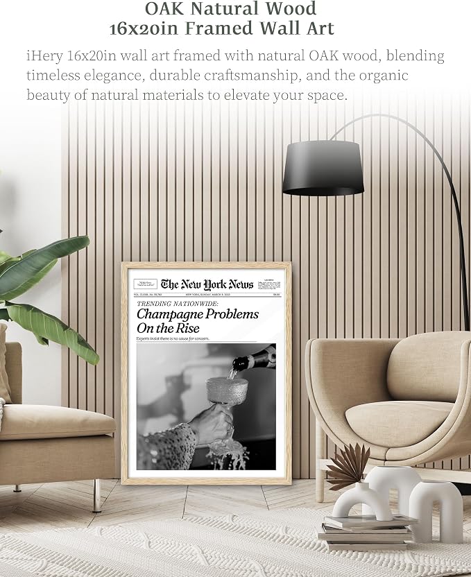 iHery 16x20in Champagne Problems on the Rise Framed Newspaper Art | Natural OAK Wood Frame with Canvas Print, Vintage Champagne Decor for Bar Cart, Kitchen, Living Room and Bathroom, 1Pack