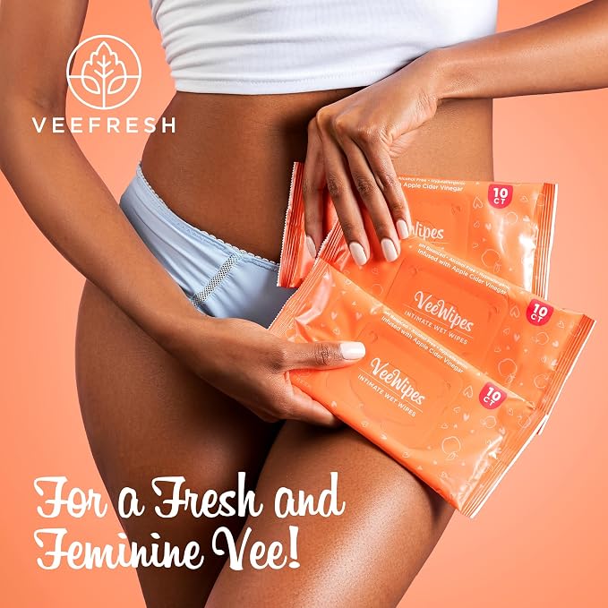 VeeFresh VeeWipes ACV (10pcs) - Apple Cider Vinegar Infused Wipes for Sensitive Vees- pH Balanced, Alcohol Free & Hypoallergenic Feminine Wipes for Women - Female Wipes for Maximum Hygiene