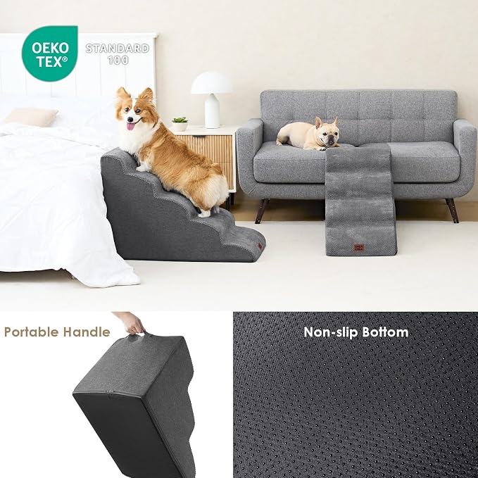 EHEYCIGA Curved Dog Stairs Ramp, 5-Step High Beds, 22.6" H Pet Step | 33D density of pure foam, for Small Dogs and Cats, Pet Stairs for High Bed Climbing, Non-Slip Balanced Pet Step Indoor, Grey