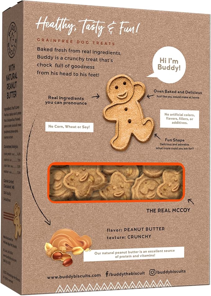 Buddy Biscuits Grain Free Dog Treats, Large Size Treat, Peanut Butter | Grain Free, Large Size Treat, Natural Peanut Butter, Simple Ingredients, Baked in the USA, 14 Oz.