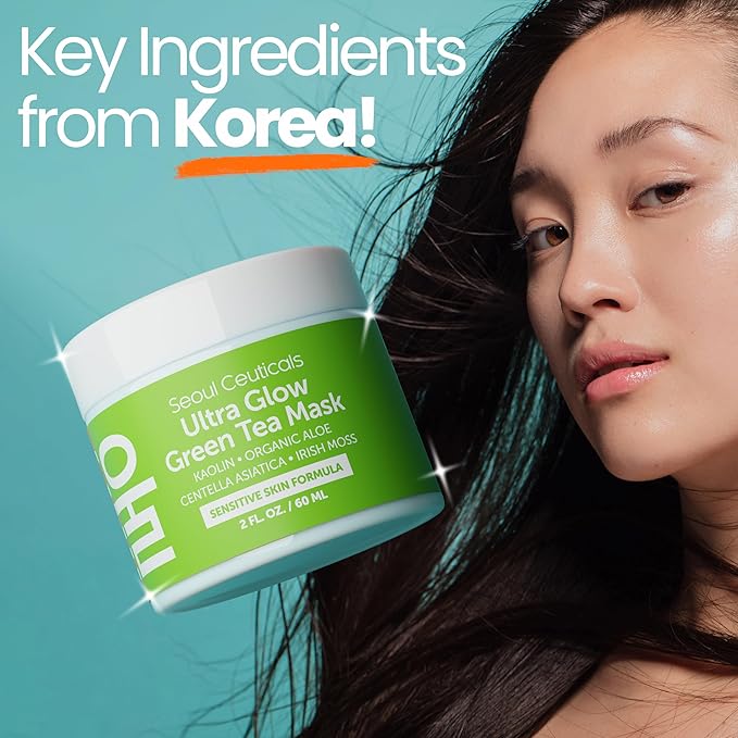 SeoulCeuticals Korean Skin Care Face Mask for Sensitive Skin - Korean Skincare Green Tea Wash Off Masks - K Beauty Face Masks - Aloe Vera Mask + Centella Asiatica Hydrating Facial Spa Mask 2oz