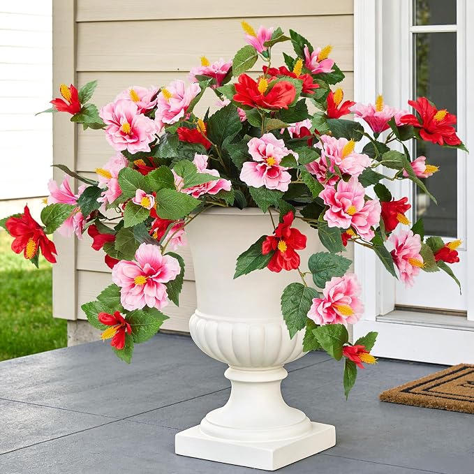 INXUGAO Artificial Flowers for Outdoors Indoors,2 Bunches Fake Hibiscus with Realistic UV Resistant Silk Flower Fabric Leaves,Faux Plants Outside for Home Patio Garden Yard Front Poch Decor(Red,Pink)
