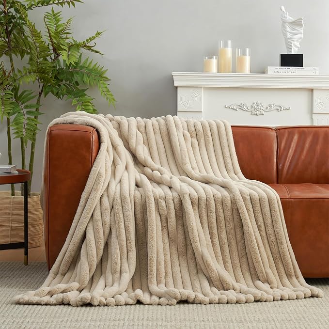 Faux Fur Throw Blanket for Couch, Cozy Fuzzy Fluffy Fur Luxurious Soft Striped Plush Gift Blankets for Family Sofa Chair Bedroom, 55"x70", Beige