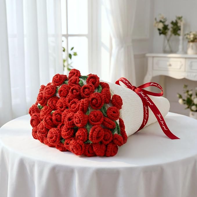 Red Rose Crochet Flower Bouquet Blanket, 43 Inch Throw, 60 Rose Flowers | Gift Bag, Writable Card, Machine Washable, Hand-Crocheted Red Roses, Ready for Romantic Gifts, Birthdays, or Anniversaries.