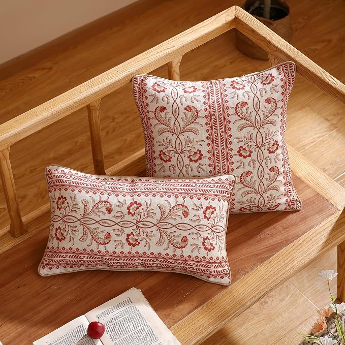 Designer Linen Throw Pillow Cover,Set of 2,20"x12"-Chamonix A | Vintage Elegant Rectangle Pillow Cover,Concealed Zipper Design,Floral Pattern,Sofas,Bedroom,Living Room,Lounge Chairs