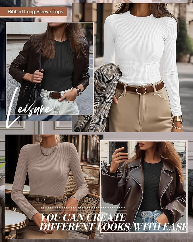 Ficerd 3 Pack Women's Ribbed Long Sleeve Tops, Crew Neck Slim Fit Undershirts Knit Basic Casual Stretch Layering Tee Shirts