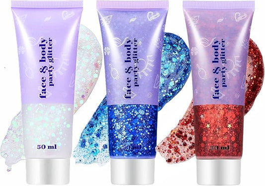 Go Ho Red White and Blue Body Glitter Set,4th of July Outfits for Women Reflective Glitter Makeup,Red White Bue Holographic Long Lasting Chunky Sequins Glitters,4th of July USA Accessories