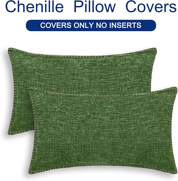 CaliTime Decorative Couch Throw Pillow Covers 20 X 12 Inches Forest Green | Pack of 2, Cozy Chenille Cushion Cases, Cotton Thread Stitching Edges, for Sofa Bed Living Room Farmhouse