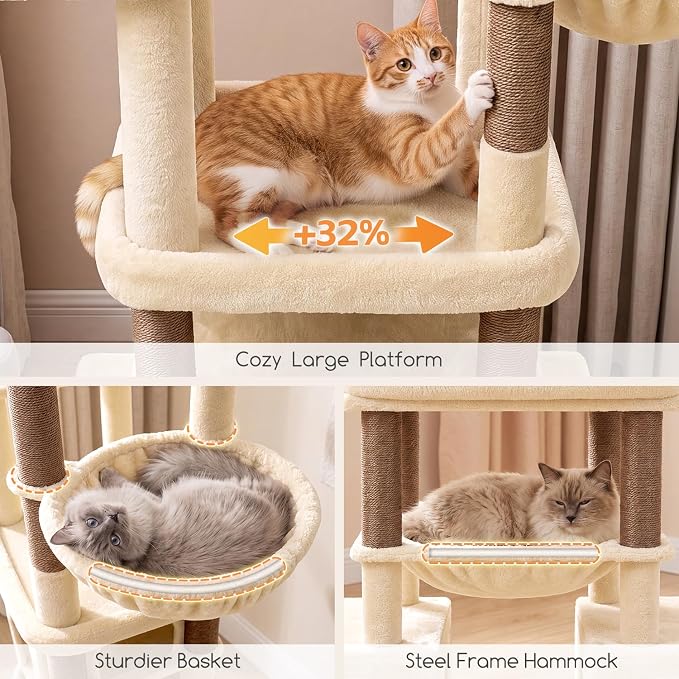 Globlazer Tall Cat Tower for Indoor Adult Cats, 72-inch, S72G, Beige | Heavy Duty Cat Tree House for Big Cats with 2 Extra-Large Padded Platform, 7 Sisal Scratching Posts, 3 Large Condos