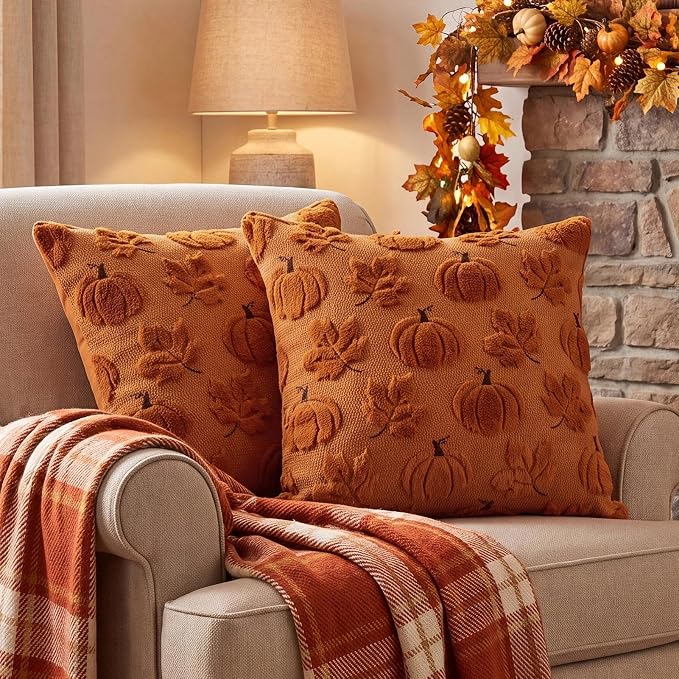Fall Pillow Covers 20x20 Set of 2 Double-Sided Plush Maple & Pumpkin | Burnt orange throw pillows with raised pumpkin and maple embroidery, designed for bedrooms, sofas, and fall home decor.