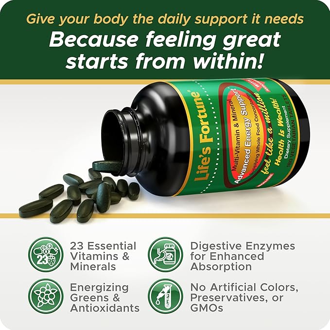 Life's Fortune Whole Food Multivitamin & Mineral, Advanced Energy Support Supplement, Daily Wellness for Men & Women, Amino Acids, Biotin, 180 Vegetarian Tablets