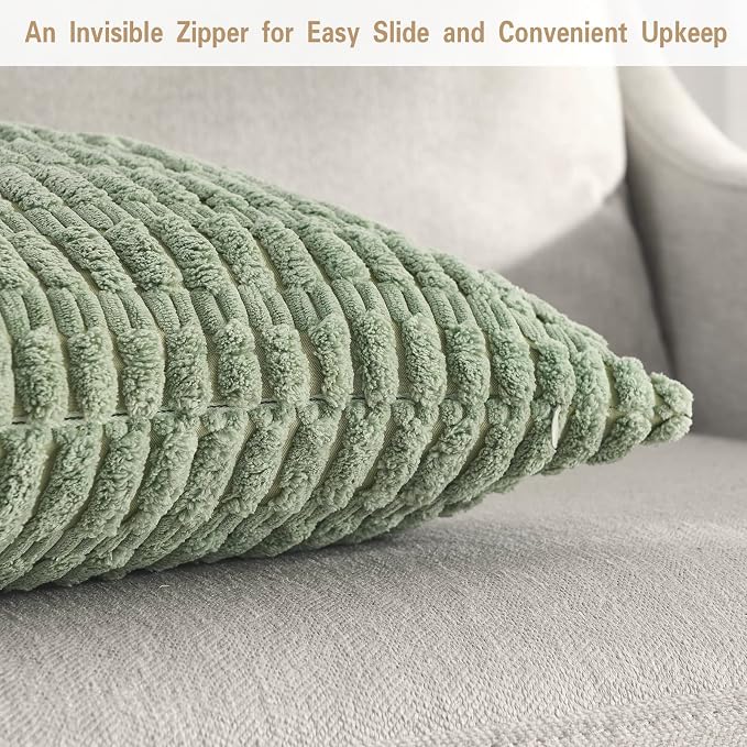 Volcanics Pack of 2 Sage Green Decorative Throw Pillow Covers 20x20 Inch | Soft Corduroy Striped Square Cushion Cases, Modern Farmhouse Boho Home Decor for Spring Couch Bed Sofa Living Room