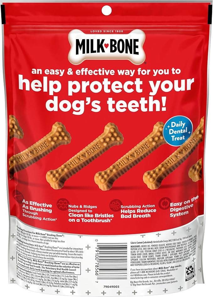 Milk-Bone Brushing Chews, Large, Original Flavor, 30 Dental Treats | 5 (6-count) bags, Daily dental dog treats, For dogs 50+ lbs., Original chicken flavor