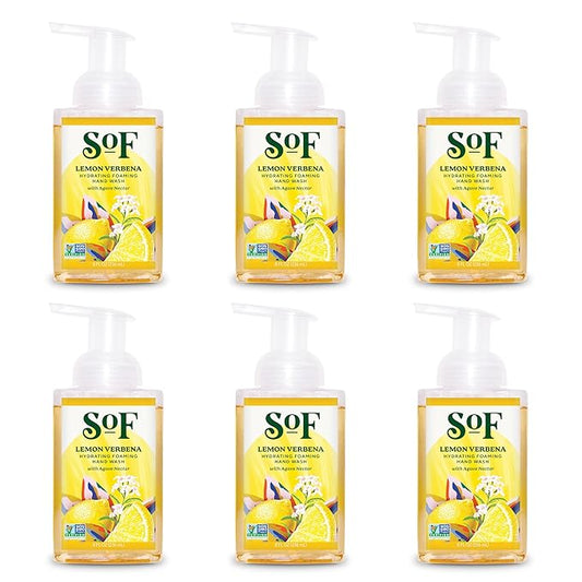 SoF Hydrating Foaming Hand Wash - With Organic Agave Nectar & Coconut Oil- Vegan & Non GMO- Free From Phthalates, Sulfates & Parabens- Lemon Verbena - 8 oz Bottle 6 Pack