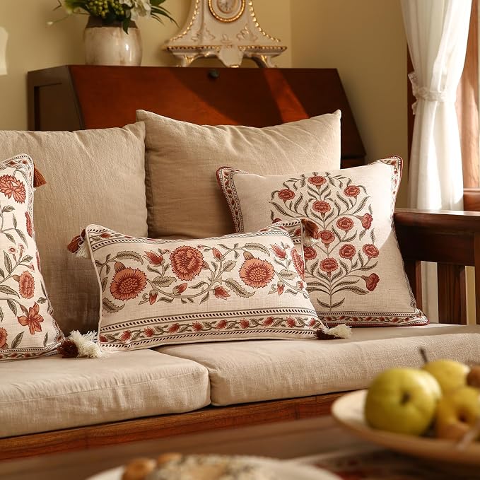 Designer Vintage French Linen Throw Pillow Cover,20"x12"-Albano C | Elegant Rectangle Pillow Cover,Concealed Zipper Design,Floral Pattern,Sofas,Bedroom,Living Room,Lounge Chairs,Decor