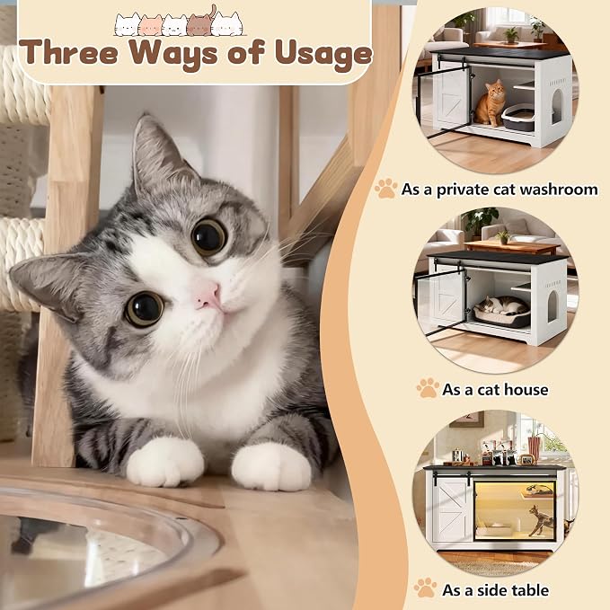 Cat Bed Cave Large Litter Box Enclosure with LED Light, Hidden Cat HOU,A2