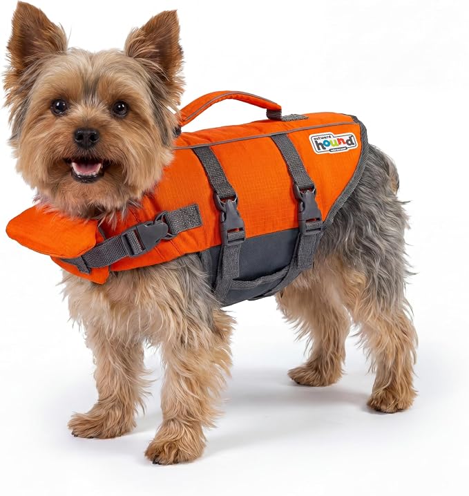 Outward Hound Granby Splash Dog Life Jacket, Life Vest, Orange, X-Small | Max Buoyancy, Adjustable Fit, Head/Neck Support, Rescue Handle, Reflective, Swimming & Boating, X-Small Dogs (11–15" Girth)