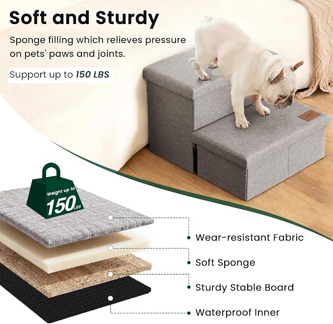 Love's cabin Dog Stairs for High Bed, Foldable Pet Stairs for Small Medium or Large Dogs Puppy with Storage for Bed or Couch, Cat Dog Steps Ramp with Zip up to 200 lbs, Solid Grey, 2 Steps
