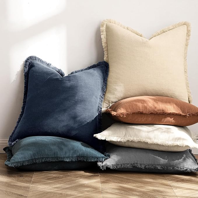 MIULEE Linen Fringe Decorative Euro Throw Pillow Covers Indigo Blue 26x26 | Set of 2, Cottagecore Decor, Boho Farmhouse Coastal Pillow Covers, Rustic Couch Cushion Cases for Sofa Bed Living Room
