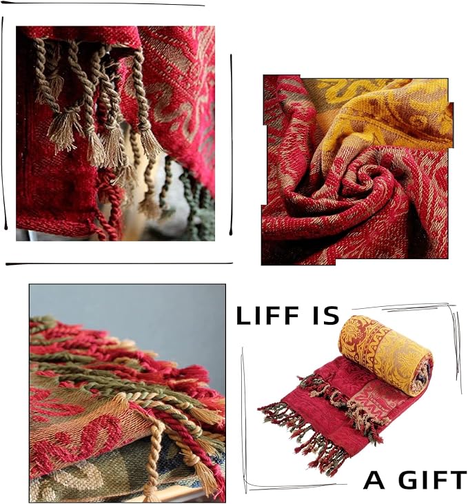 Boho Throw Blanket, Chenille Jacquard Tassels Throw Blankets for Bed Couch Soft Chair， Bohemian Fringe Tassels (Red, Large 86 * 102Inches)