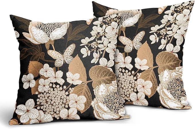 Vintage Floral Pillow Covers 22X22 Inch Set of 2 White Flowers Gold Leaves Botanical Decorative Pillow Cases Rustic Leaf Black Cotton Linen Cushion Case Farmhouse Home Decor for Sofa Couch