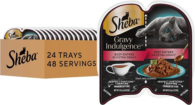 Sheba Gravy Indulgence Wet Cat Food, Beef Entree, 2.6 oz, 24 Count | Grain-free, 70% gravy, real beef cuts, no fillers or artificial flavors, complete & balanced all life stages, twin-pack trays
