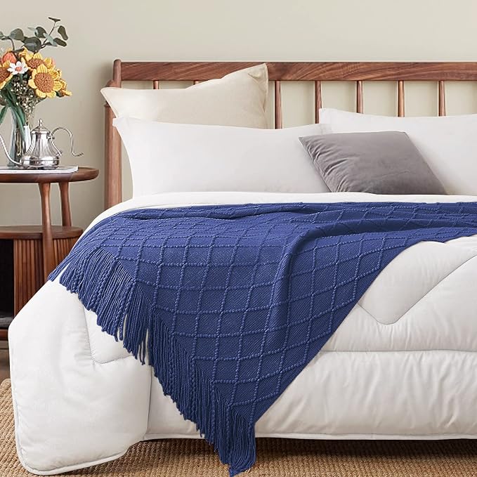 inhand Navy Blue Knitted Throw Blanket for Couch and Bed, 50"x60" | Soft Living Room Home Decor Knitted Blanket, Tassel, Outdoor Lightweight Breathable Summer, Farmhouse Warm Woven Decorative